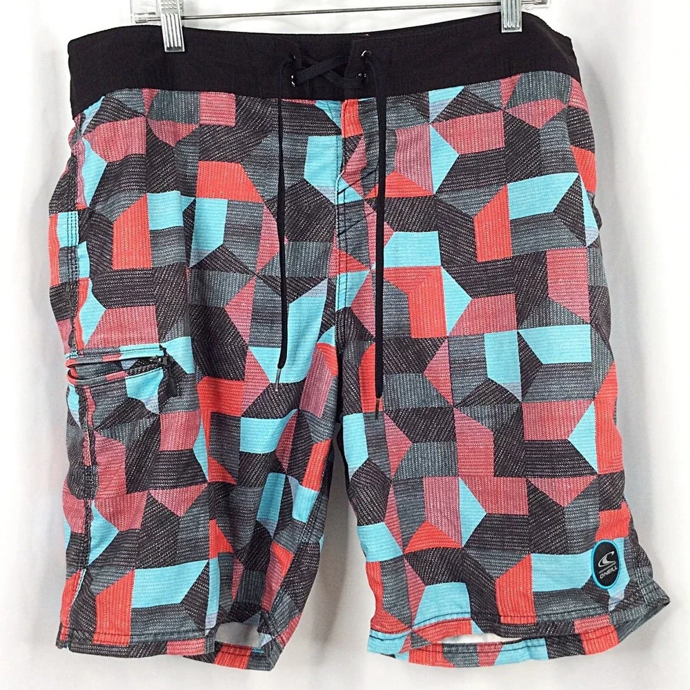 O'Neill Board Shorts Men's Size 36 Red Blue Black Geometric Swim Shorts